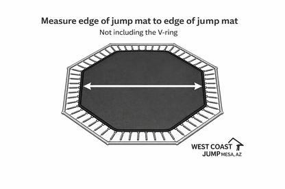 Octagon trampoline jump mat measurement diagram showing edge-to-edge measurement not including V-rings
